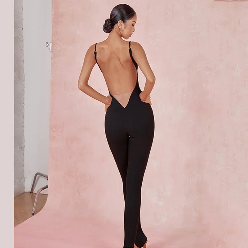 Latin Dance Jumpsuit Women Black Leggings Pants Cha Cha Rumba Ballroom Dance Practice Training Clothes Competition Wear DNV20587