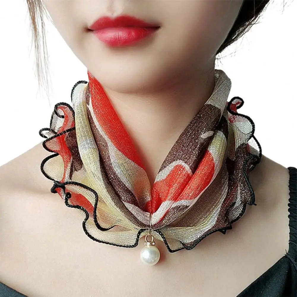 Elegant Women Scarf Painting Print Imitation Pearl Durable Ruffle Edge Lady Headscarf Banquet Neck Wrap Scarf