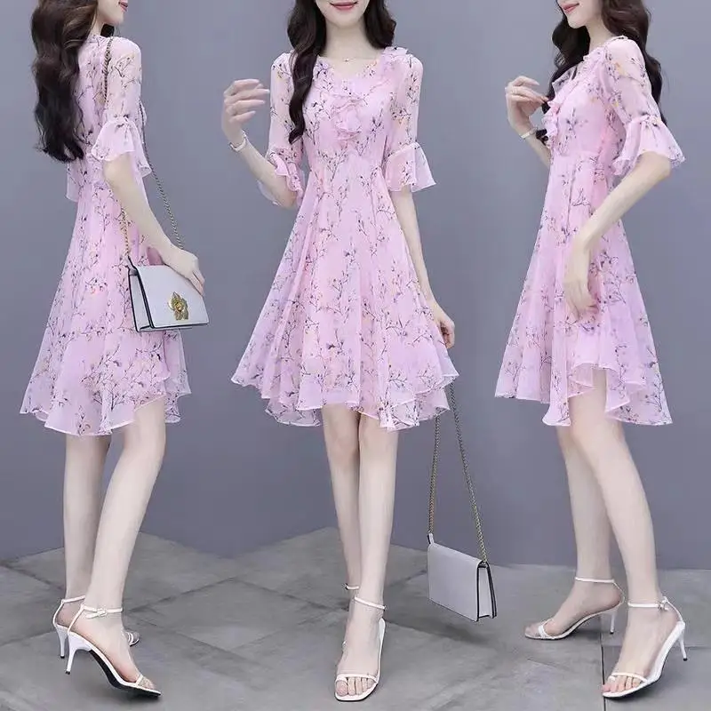 

Fashionable Floral Print Women's Dress Slimming High Waist Bell Sleeve A-Line Skirt Cleanfit Style Cotton Short Sleeve Midi D...