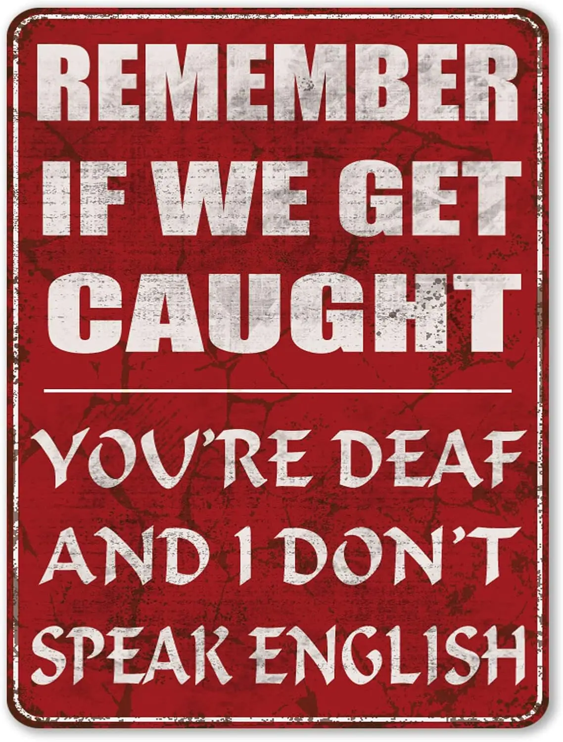 Funny Metal Signs Garage Man Cave Bar Wall Decor Vintage Tin Sign - Remember If We Get Caught You;re Deaf And I Don;t Speak Engl