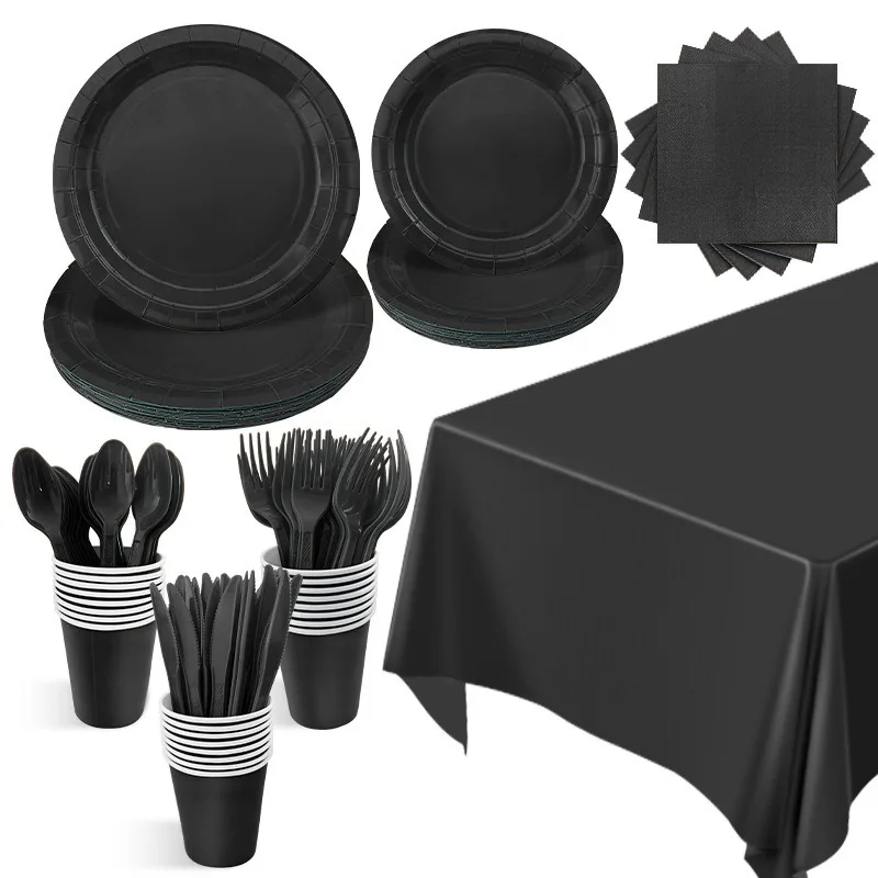 

Solid Black Theme Cutlery Birthday Party Paper Disposable Tableware Paper Napkins Cups Plates Tablecloth Fork spoon Party Decor