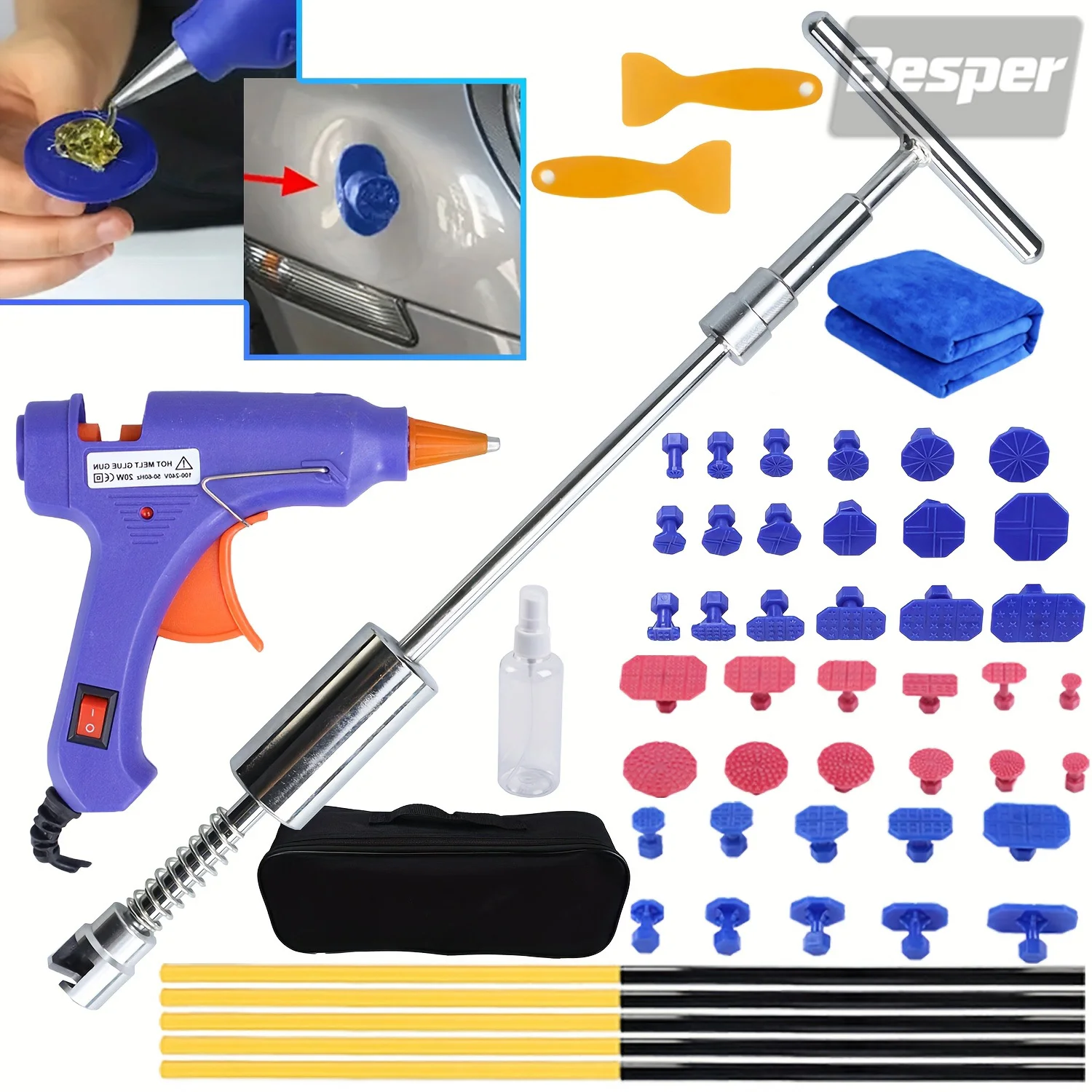 New Car Paintless Dent Repair Tools Glue Gun Set Body T-Bar Dent Remover Sheet Metal Multiple Size Suction Cup Puller Kit