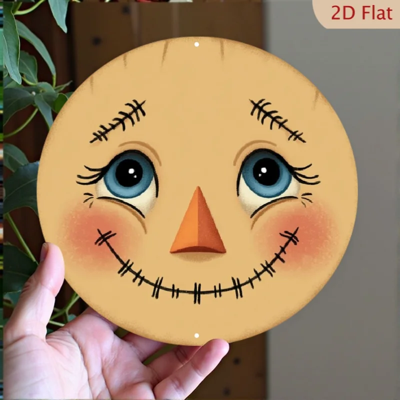 2D Flat, 1-Eyed Scarecrow Face Metal Wall Decor - Rustic Farmhouse Style Round Sign with Wheat-Straw-Like Hair And Stitched Mout