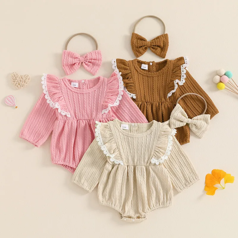 

0 to 18 Months Baby Girl Bodysuit Spring Autumn Clothes Lace Ruffled Trim Ribbed Long Sleeve Jumpsuit Bow Headband