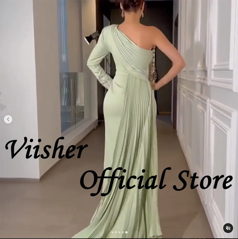 Viisher-vestido de noche de sirena verde, traje elegante de satén con cuentas de un hombro, estilo árabe, Dubai, con tren, Formal, para fiesta