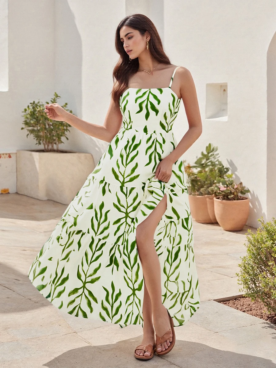 Abito lungo senza maniche con stampa floreale con scollo quadrato e orlo arricciato a strati Abito a trapezio senza schienale per donna