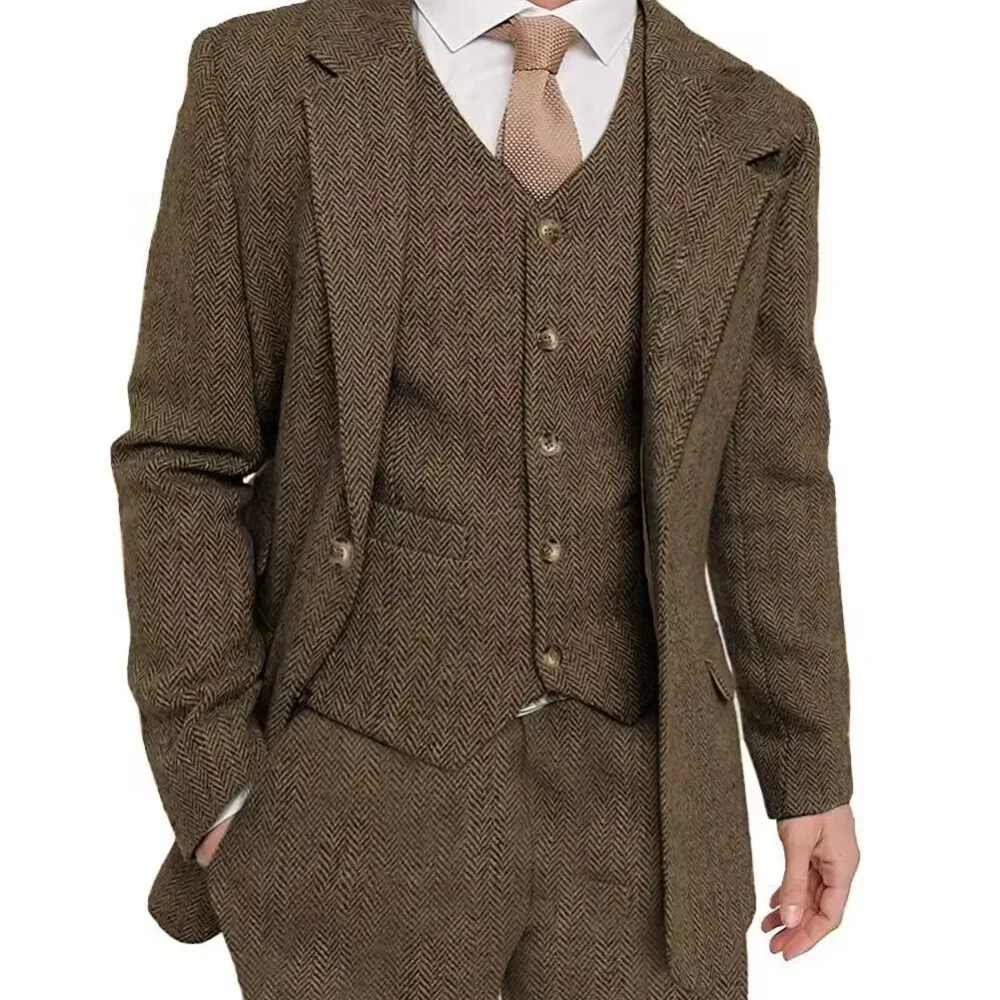بدلة رسمية للرجال من جلد القرش البني من التويد مكونة من 3 قطع سترة للتدخين وبنطلون للأعمال وحفلات الزفاف #2