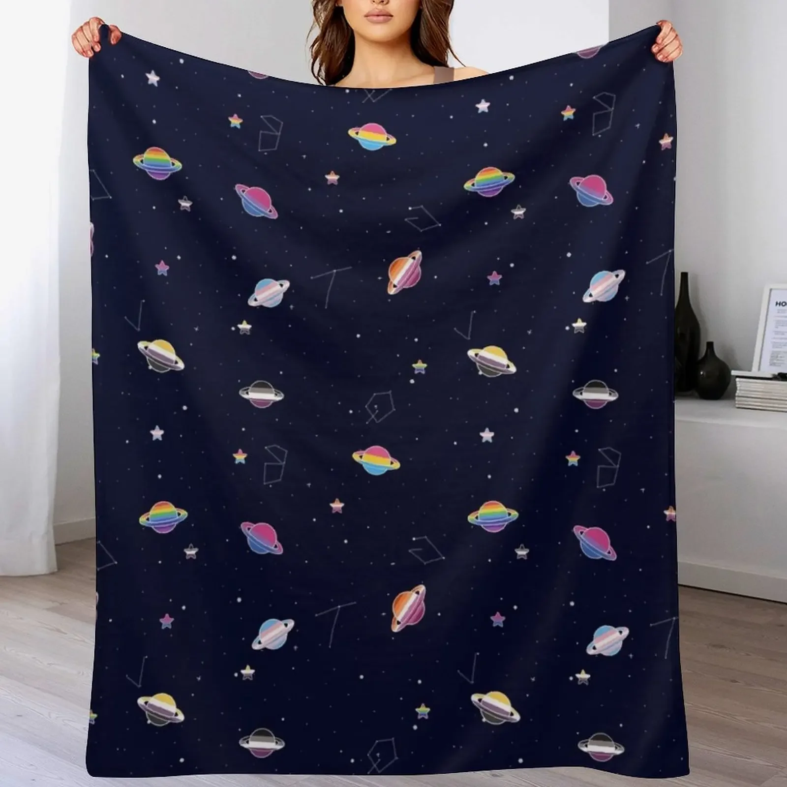 LGBTQ Pride Planets & Stars in Space Pattern Throw Blanket Warm Cozy Throw Blanket for Living Room Couch
