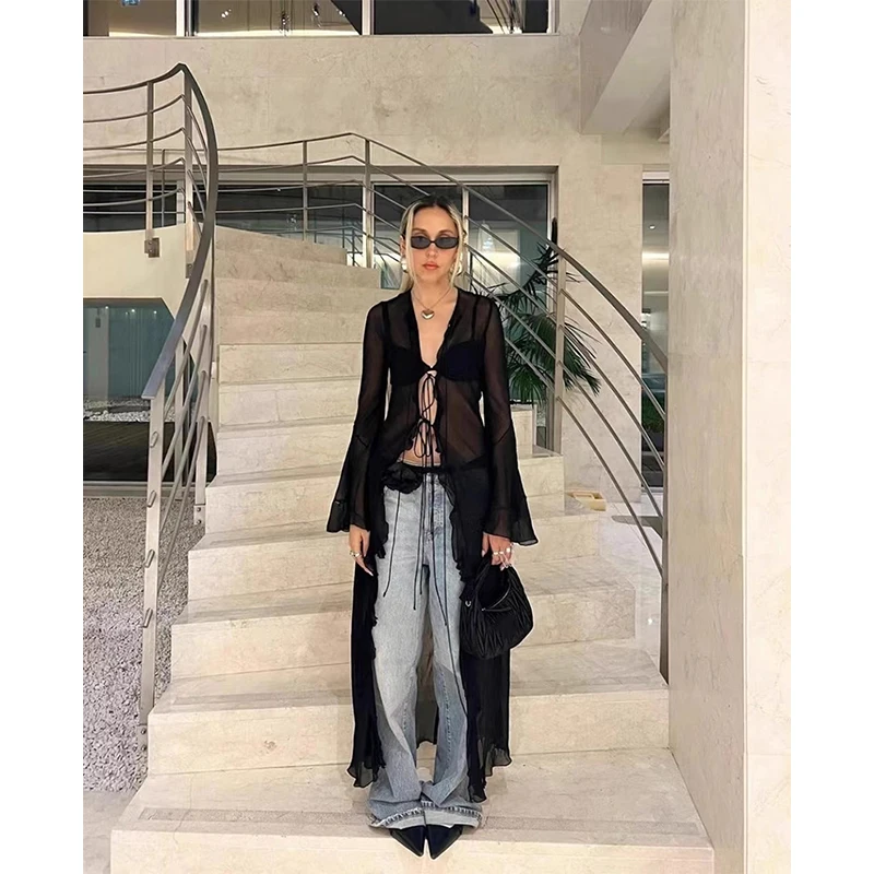 Y2K Black Sheer Long Shirts Women Streetwear Sexy V Neck Bandage Blouses Summer Fashion Korean Grunge Flare Long Sleeve Tops New
