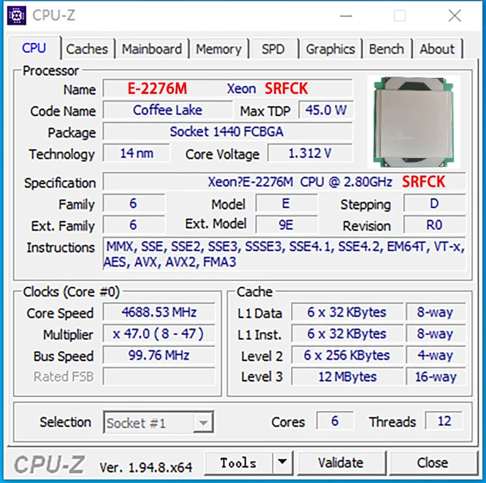 Procesador XEON E-2276M SRFCK Coffee Lake 6C, 12T, 2,8 GHz, LGA1151, para PC DIY