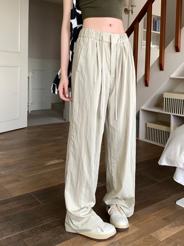 

5colors SM Korean style Street trousers female summer 2024 high waist pocket thin Casual Straight long pants womens (X3430)