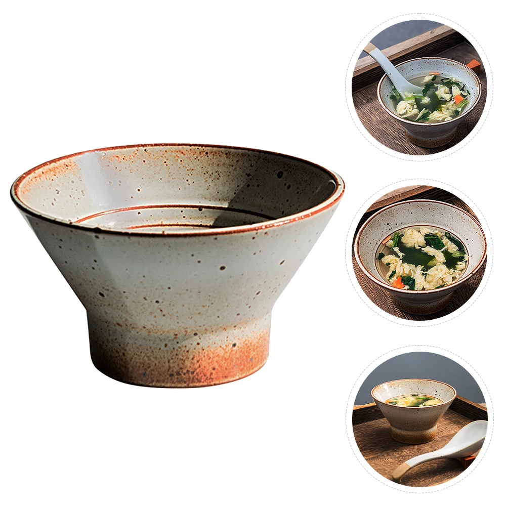 

1Pcs Crude Pottery Ceramic Bowl Handmade Vintage Tall Soup Rice Vegetable Bowl Big Opening Anti-Skid Tableware Tableware