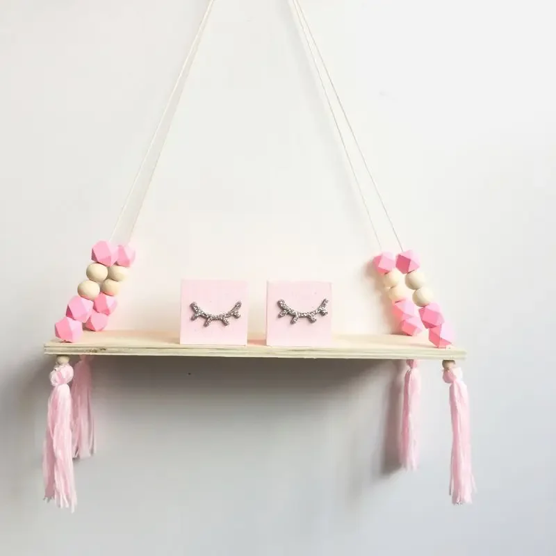 Wall Hanging Wooden Beads Shelf Swing Rope Floating Shelves Display Storage Rack Decor For Home Office Cafe Room Display Stand