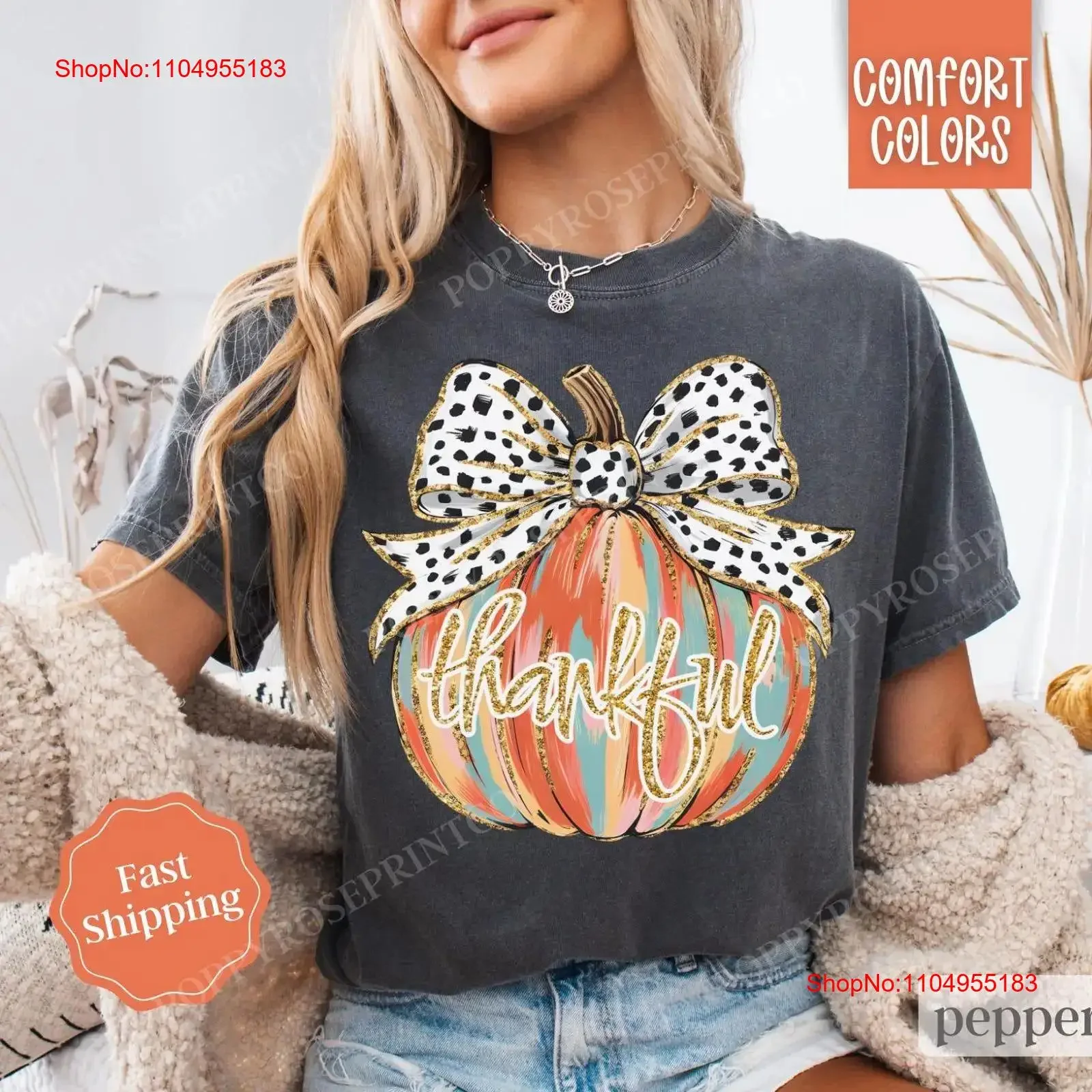 تي شيرت على شكل يقطين شكرًا للسيدات ملابس نسائية خريفية كبيرة الحجم بياقة دائرية ملونة رقعة عتيقة ملابس خروج مغسولة #1