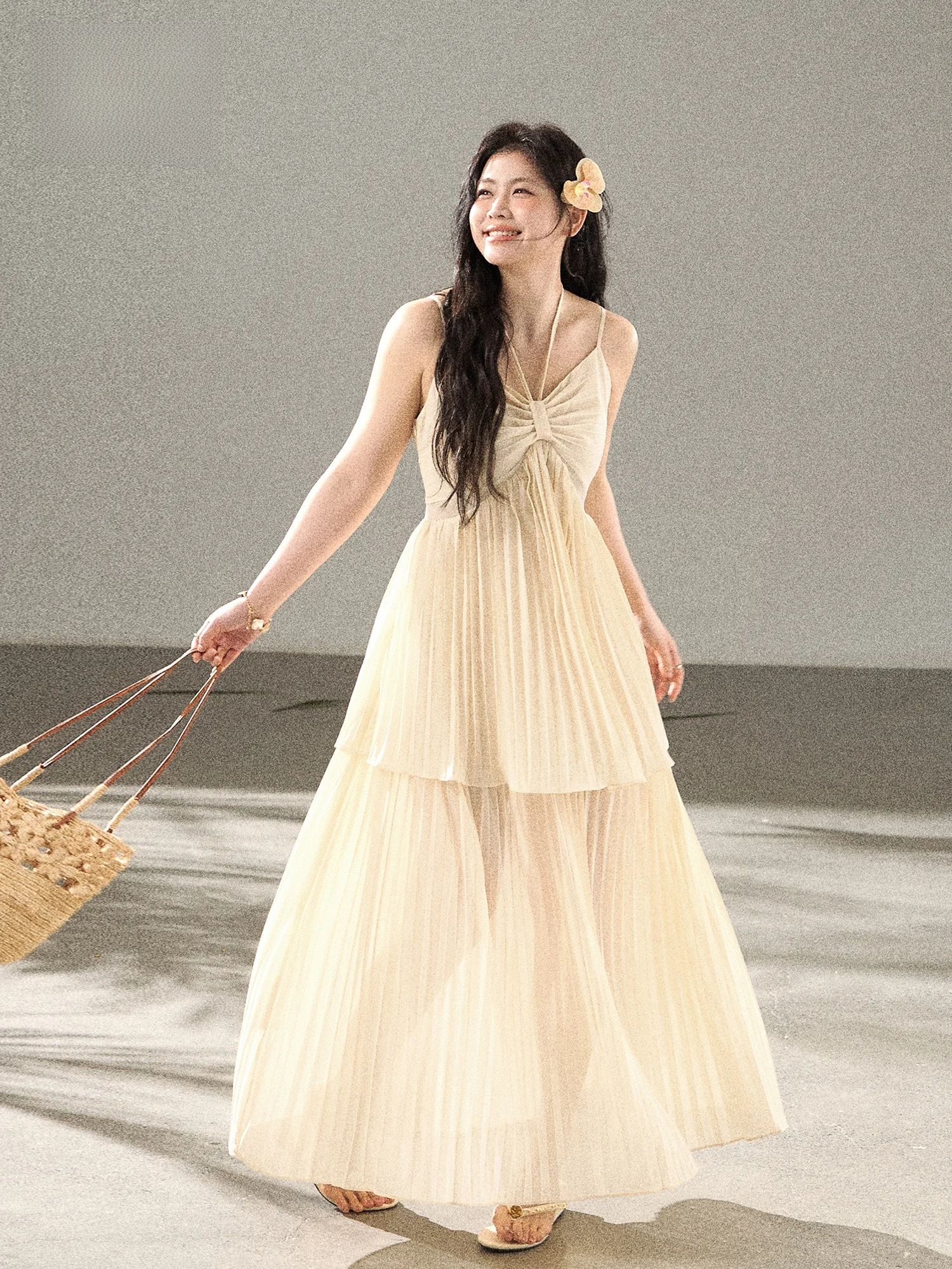 

Korean Style plus Size Women's Dress with Belt Hanging Neck Long Skirt Slimming Effect Summer Casual High Waist Gown
