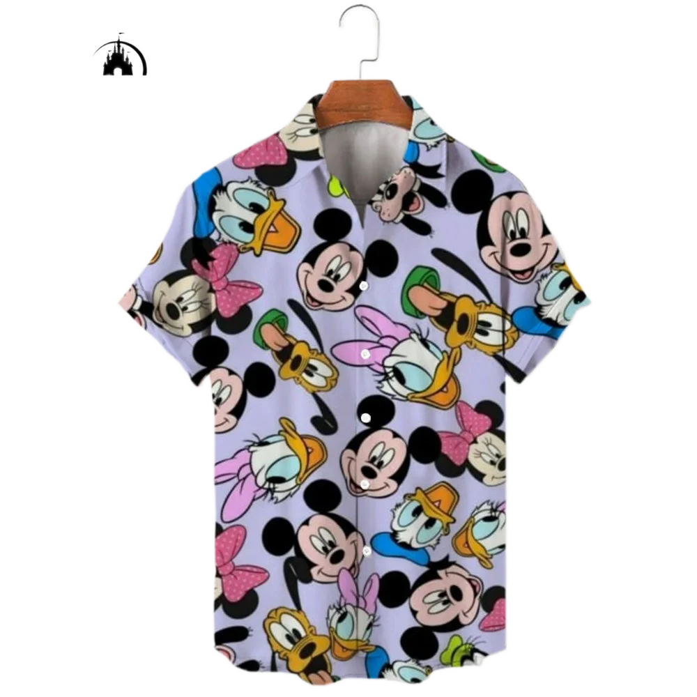 Neue 2023 Sommer Disney Harajuku Slim Fit 3D Druck Männer Taste Kurzarm Revers Mickey Minnie Casual Nettes Hemd y2k