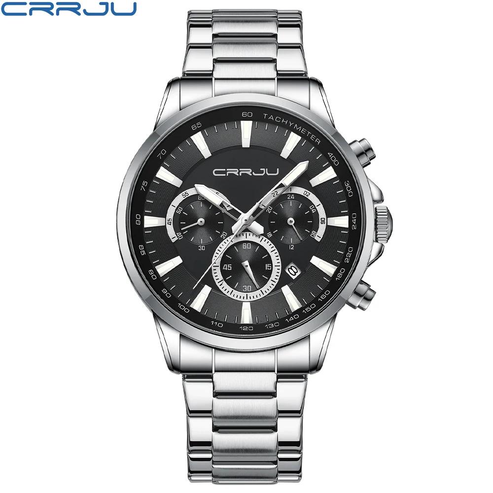 CRRJU New Sports Chronograph Stainless Steel Band Watches Fashion Brand Quartz Men\'s Wristwatches with Luminous Hands