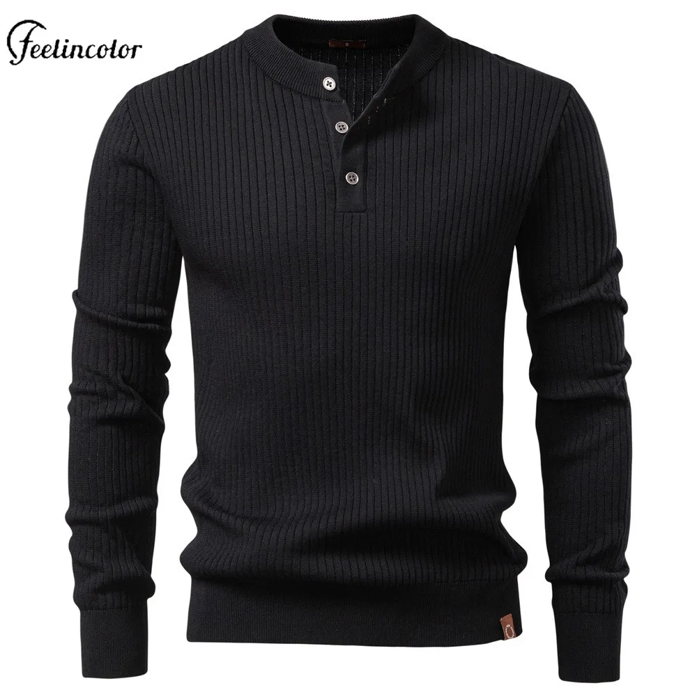 Black Ribbed Knit Men's Henley Neck Shirt Three-Button Placket Long Sleeve Shirt Slim Fit Sweatshirts Casual Daily Streetwear