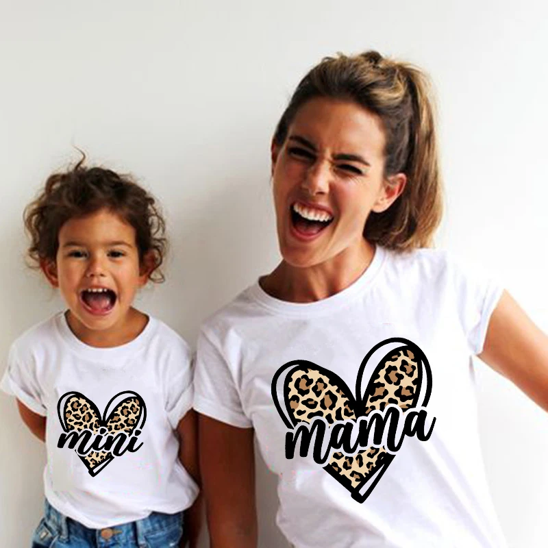 Mama Mimi Leopard Heart Print Family Matching Clothes Mother & Daughter Short Sleeve Outfit Shirt Fashion Mom Girl T-shirt Tops view 2