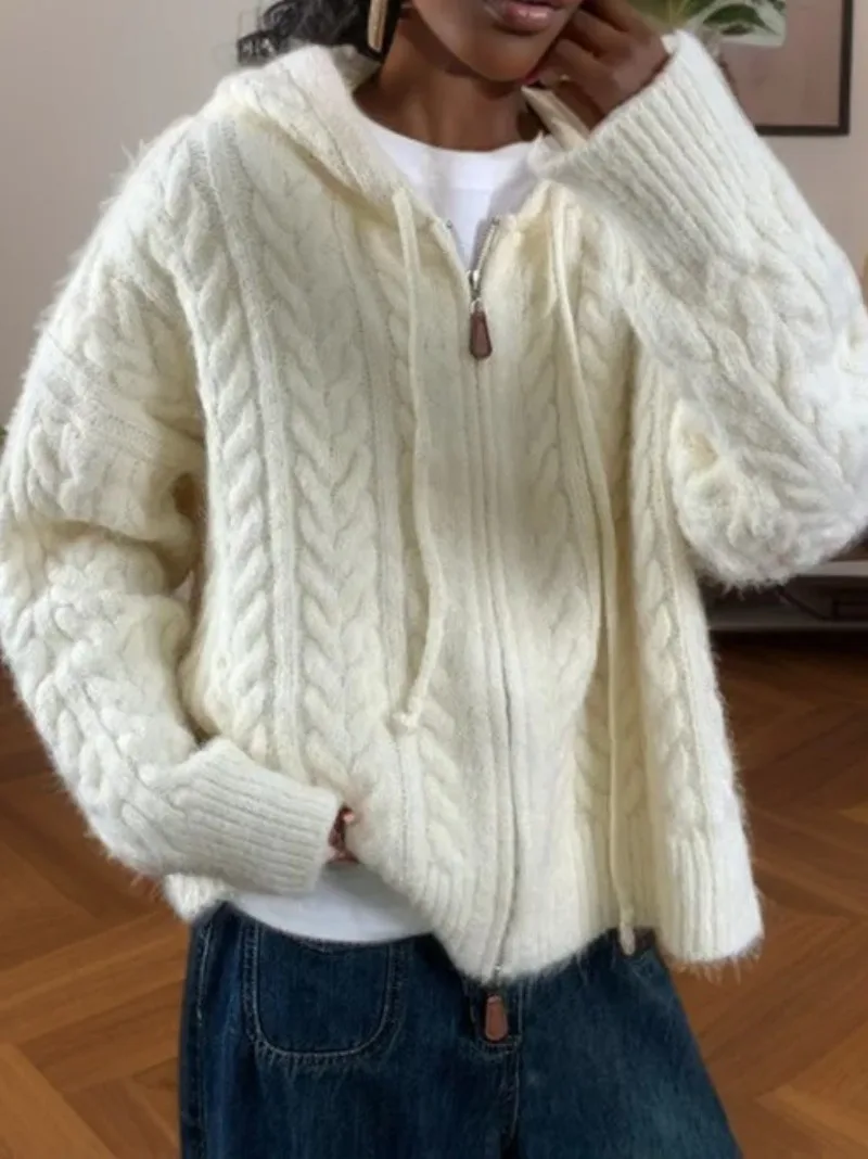 

Korean Loose Lazy Style Hooded Double Zip Knitted Cardigan Women's 2025 Autumn Winter Twist Sweater Coat Female Cardigan Tops