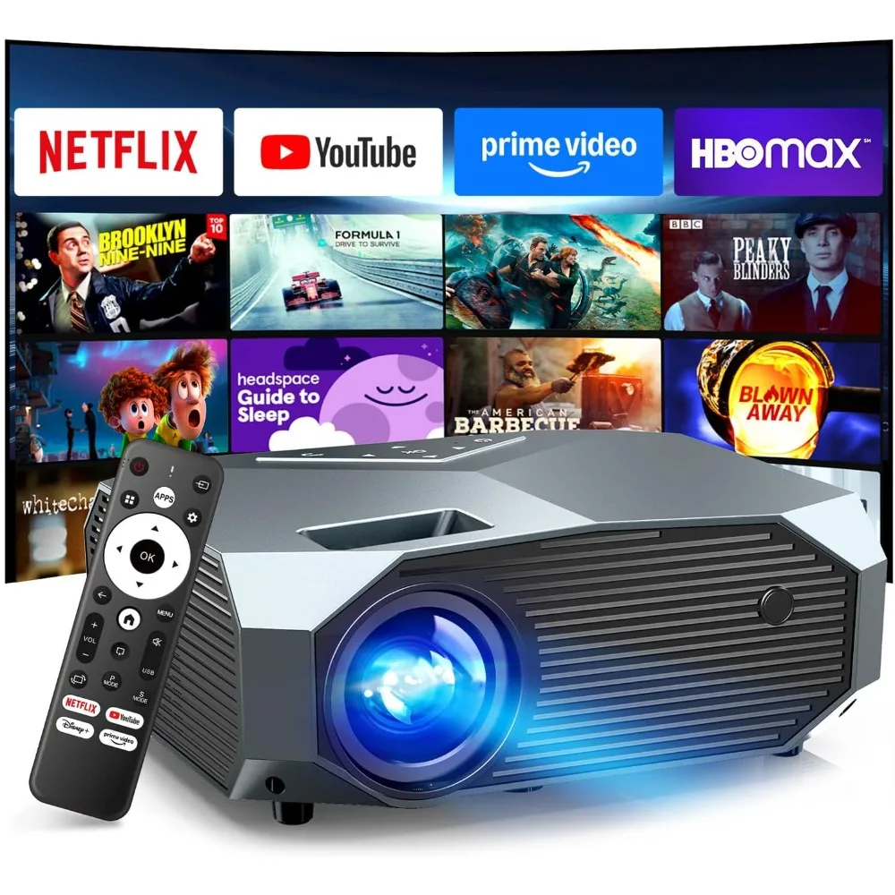 4K Smart WiFi 6 Bluetooth Projector Outdoor Movie Portable for Netflix YouTube Prime Video HDMI USB iOS Android