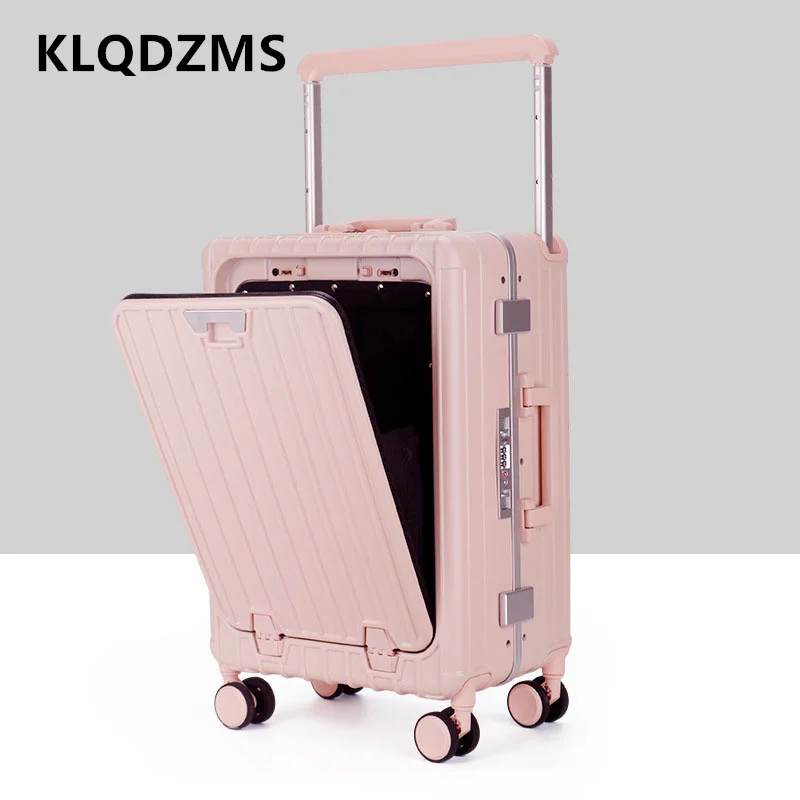 KLQDZMS Carry-on Travel Luggage Front Opening Laptop Boarding Case Multifunctional Aluminum Frame Trolley Case 20 Inch Suitcase