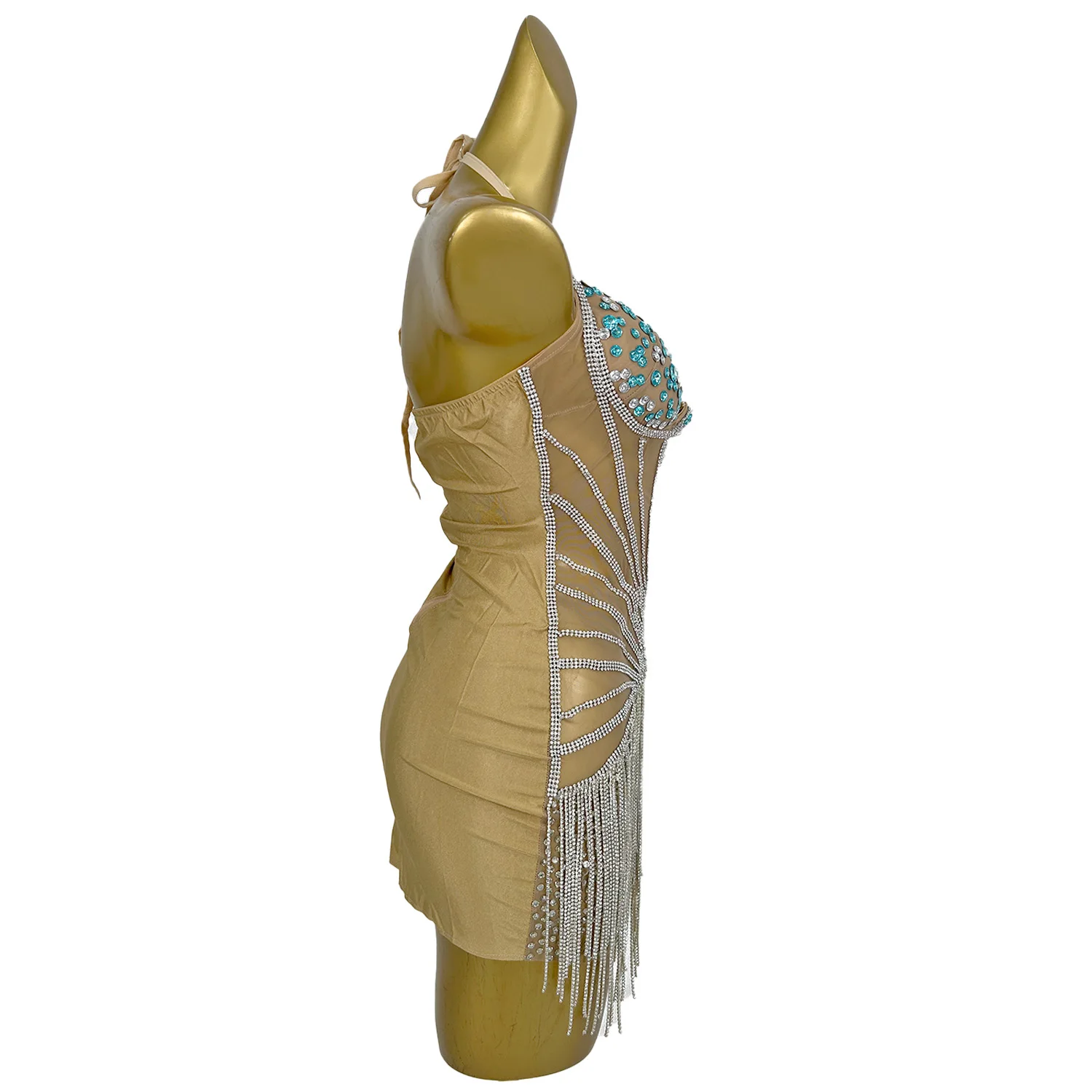 ชุดเดรสหรูหรา Bingdiantiao สำหรับผู้หญิง ดีไซน์เซ็กซี่ สายคล้องคอ ผ้าตาข่ายโปร่งใส ประดับโซ่ เหมาะสำหรับงานแสดงในบาร์ งานเทศกาลดนตรี และงานพรอม