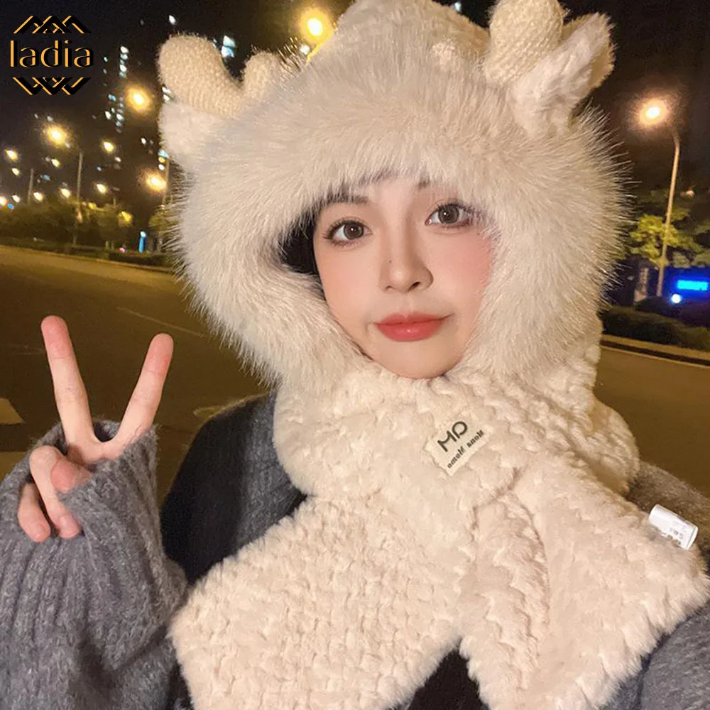 2024 Women Winter Thick keep Warm Multifunctional Girl's Gift Faux Fur Hat Scarf Two-in-one Pieces Knitted Top Cap Scarves Sets