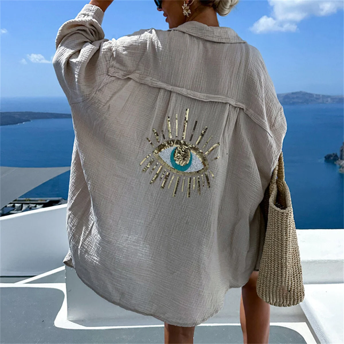 Women Casual Sequin Eye Shirt Dress Summer Fashion Beach Style Loose Button Sun Protection Cotton Linen Shirt Geometric Eye Tops