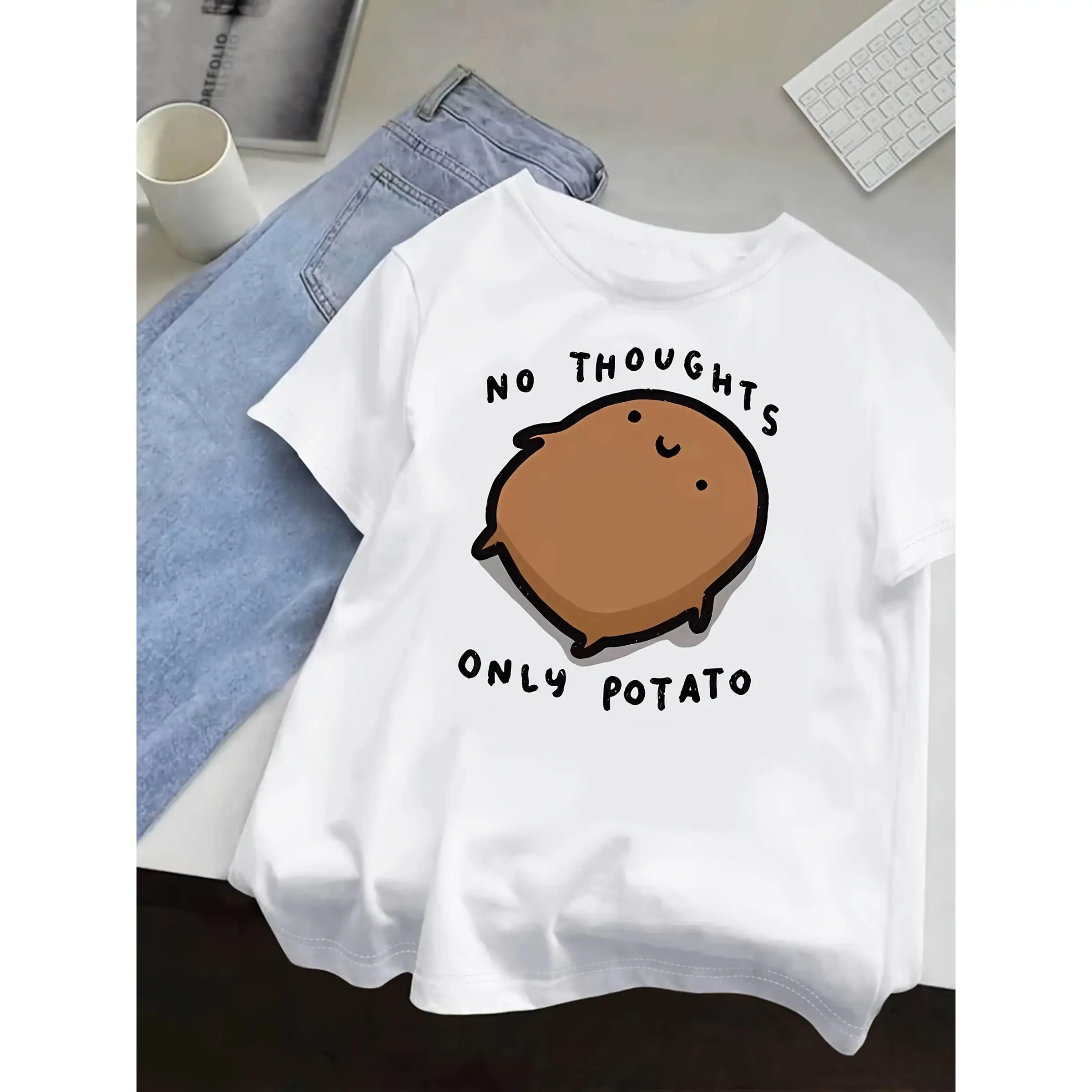 

No Thoughts Only Potato T-shirt Funny Meme Graphic Tee for Men Women Cute Potato Gift Lazy Day Casual Top