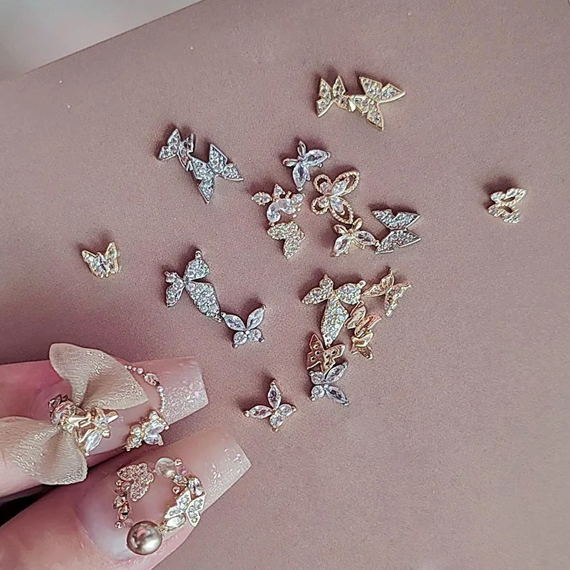 10PCS Mix Mini butterfly nail decoration with alloy zirconia dazzling and exquisite gold color nail accessory