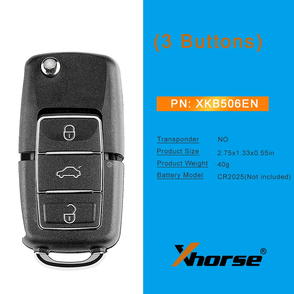 5 Piece XHORSE XKB506EN B5 Flip 3 Buttons XK Series Wire Remote Key Extreme Black