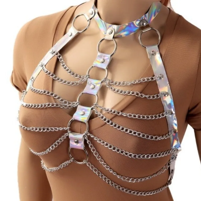 

Комплект из 2 предметов: женский комплект из искусственной кожи с серебристой металлической цепочкой на грудь и мини-юбкой с бахромой и пайетками в готическом стиле для вечеринок