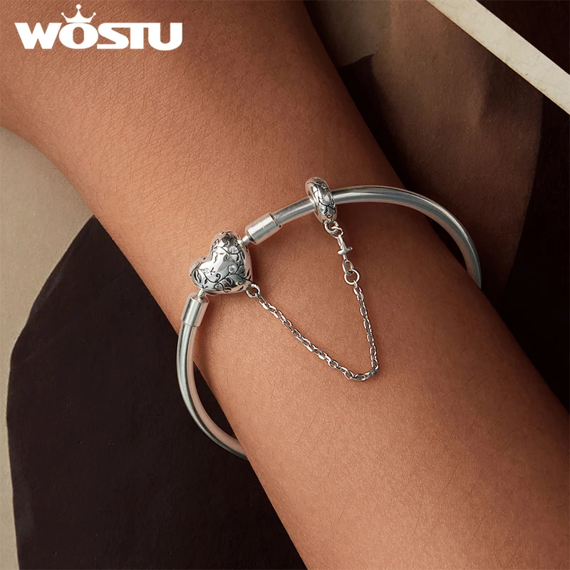 WOSTU Hot 925 Sterling Silver Retro Heart Bracelet Safty Chain DIY Bangle With Zircon for Women Date Wedding Party Jewelry Gift