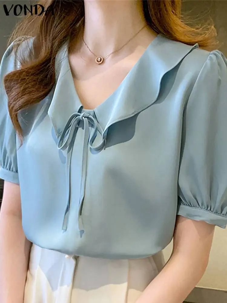 VONDA Elegant Ruffles Shirts Women Blouse 2024 Fashion Solid Color Sexy Short Sleeve Tops Casual O Neck Blusas Oversized Tunic