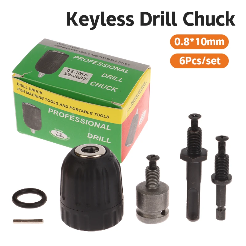 6Pcs 0.8-10mm Keyless Drill Chuck Kit 3/8