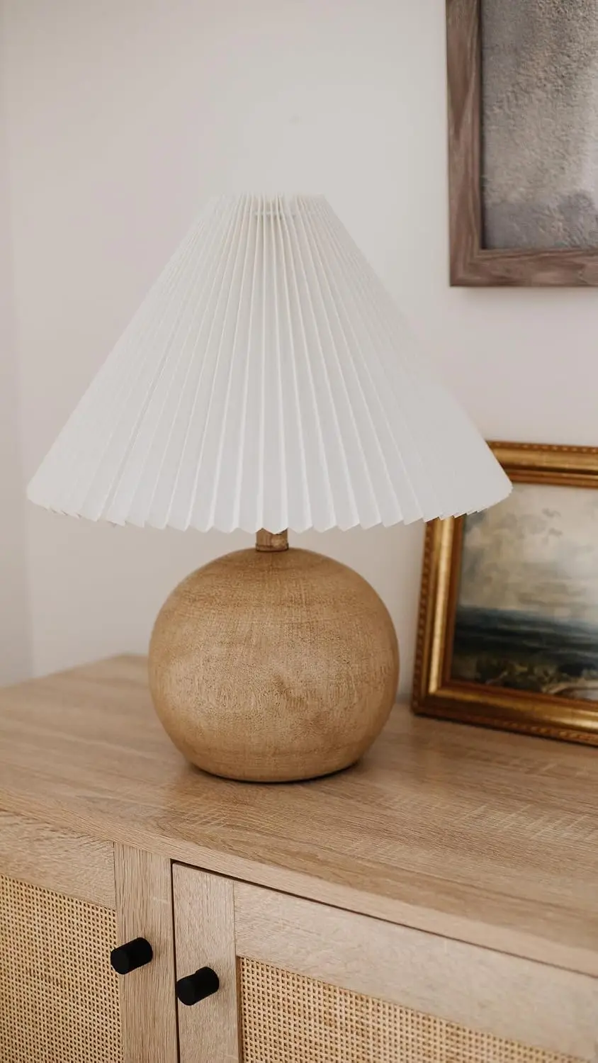 17.25" Beige Wood & White Sphere Table Lamp, Mid-Century Nightstand, Scandinavian Coastal Style, LED Bulb Included view 3