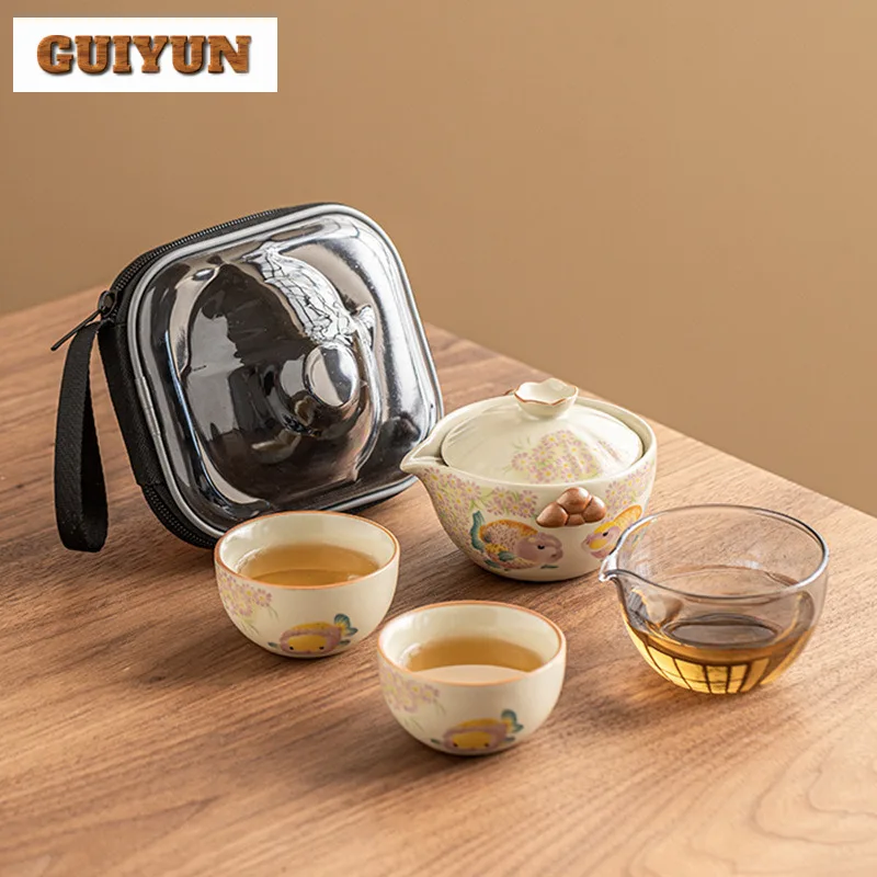 Ru Kiln Goldfish Tea Set Kit Boutique Tea Tools Set 1 Pot 2 Cups Tea Maker Picnic Camping Portable Travel Tote Bag Supplies Gift