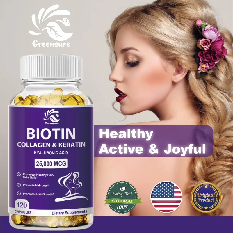 

Greensure Biotin and Collagen Capsules Supports Healthy Hair, Skin, Bone, Nails Women Hair Growth Health Supplement