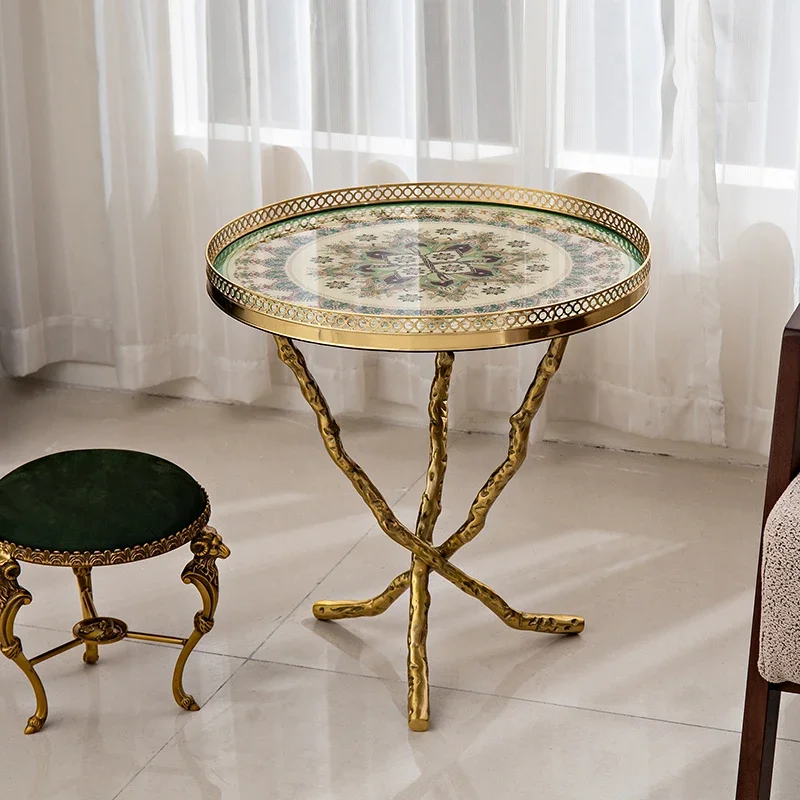 

French retro brass edge few corners, light luxury high-end, living room sofa side cabinet shelf flower stand