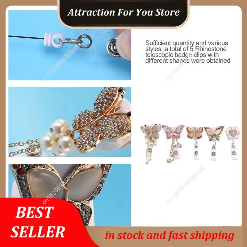Hot Selling 5Pcs Retractable Badge Holder Reel, Butterfly Handmade Bling Rhinestone ID Badge Holders With Clip, For Volunteer Nu