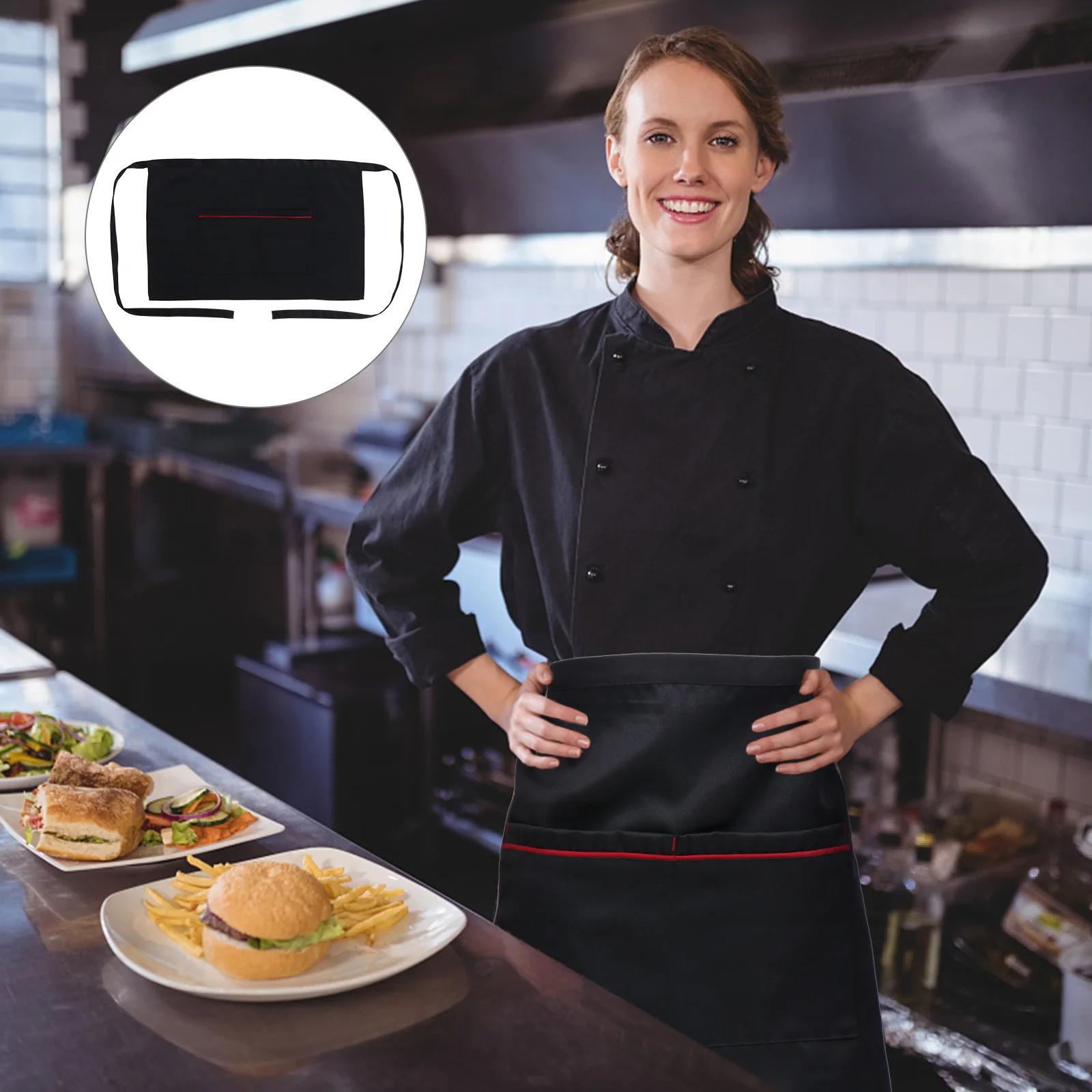 Short Waist Apron Stain Resistant Half Body Apron with Pockets for Restaurant Serving Cooking Kitchen Waiter Waitress