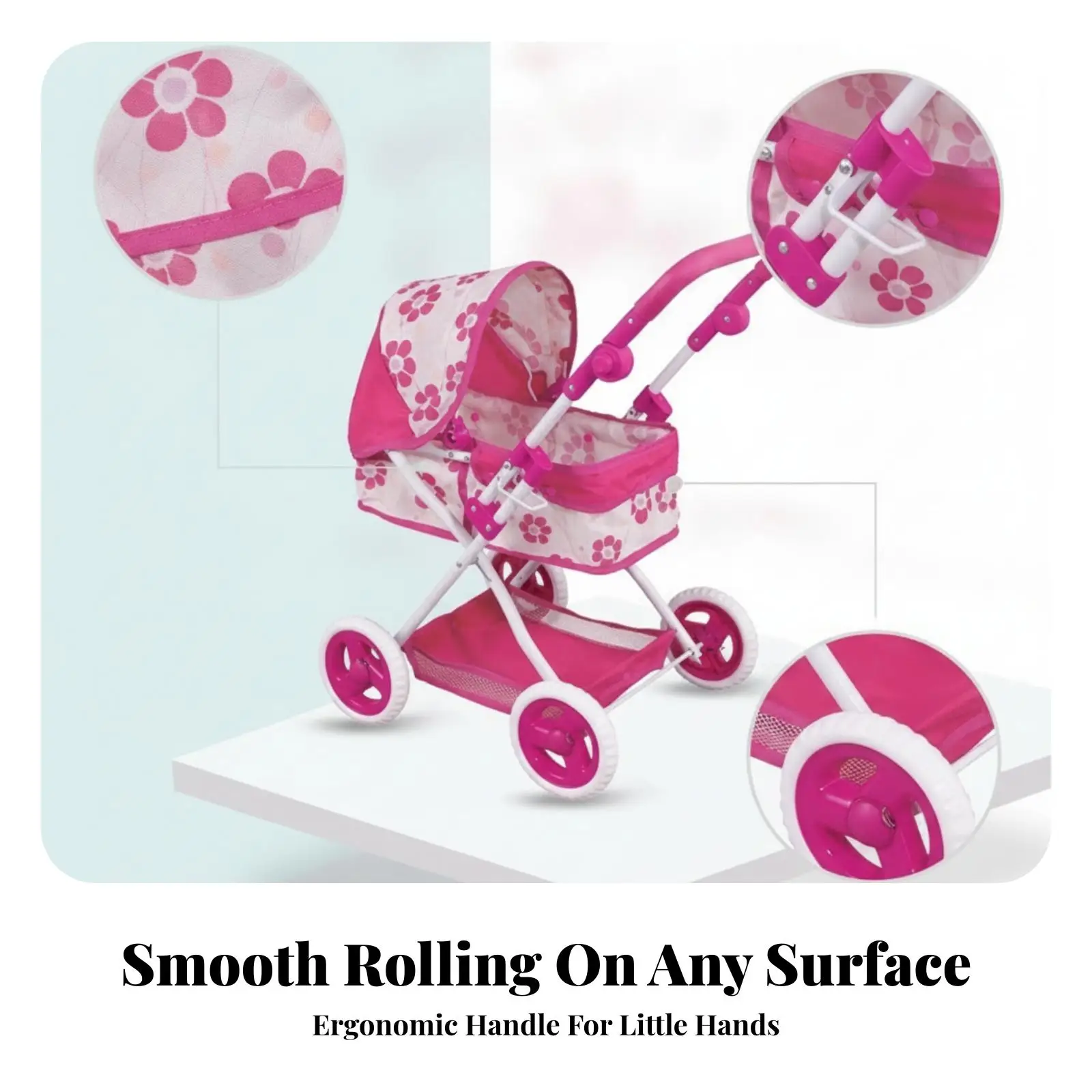 doll-pushchair-for-girls-ages-3-plus-padded-handle-folding-toy-cart-with-textile-basket-floral-pattern-eva-wheels