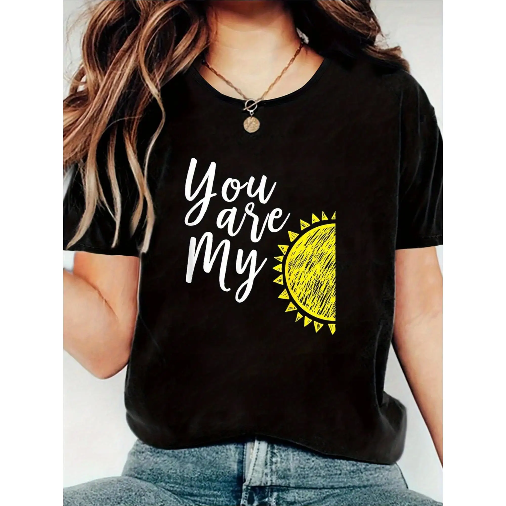 

Women's "You Are My Sunshine" Graphic T-Shirt - Soft 100% Cotton Crew Neck Short Sleeve Top with Playful Sun Design, Black & Yel