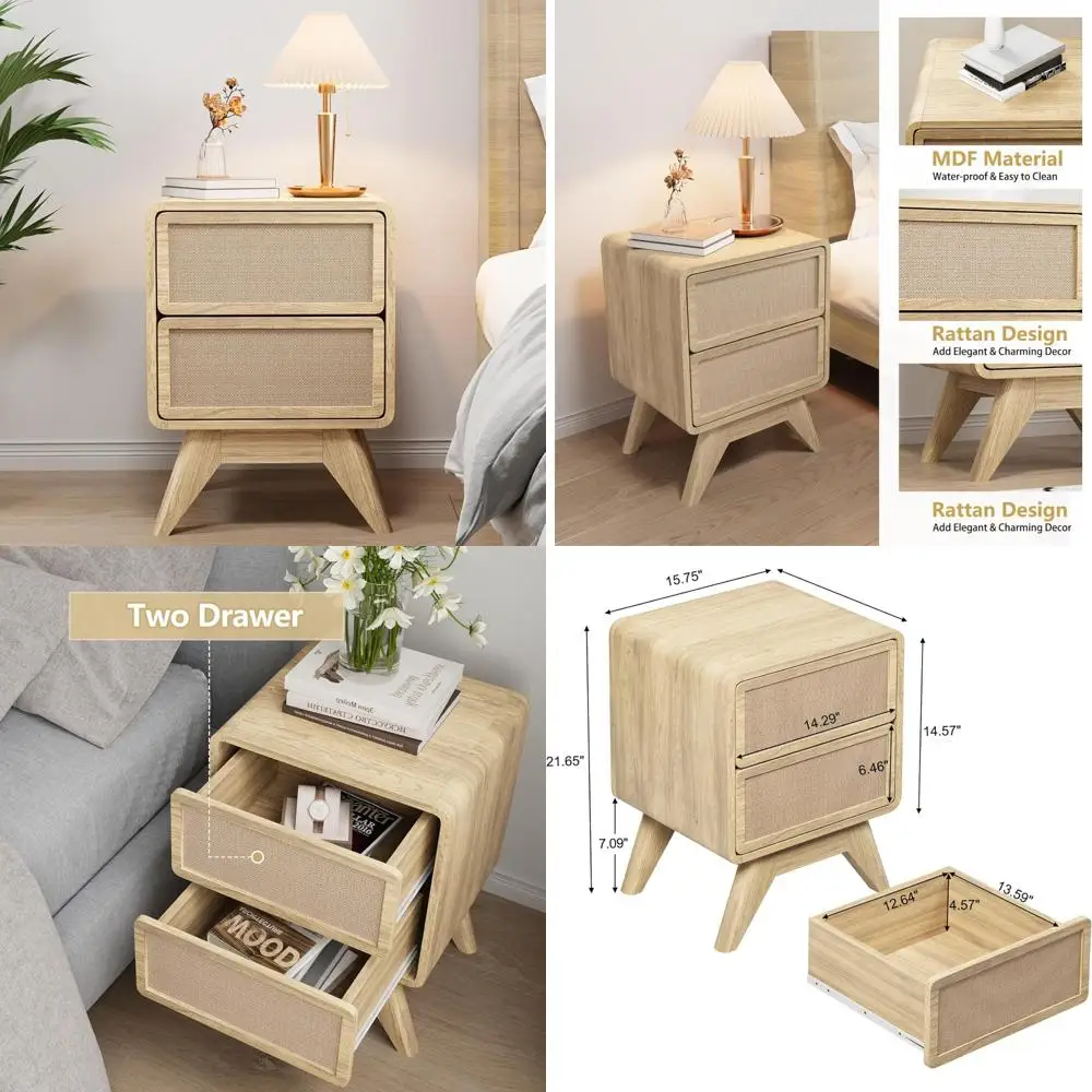 

Boho Style Nightstand with 2 Drawers, Wood Bedside Table featuring Linen and Solid Wood Legs, Curved Edges for Modern Bedroom De