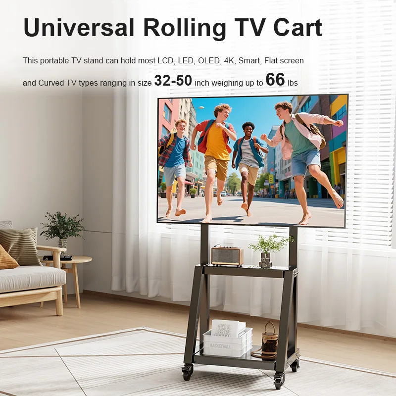 Mobile TV Stand on Wheels for 32-50 Inch TVs Rolling TV Cart Height Adjustable Heavy Duty Floor Portable TV Stand with Shelf image 4