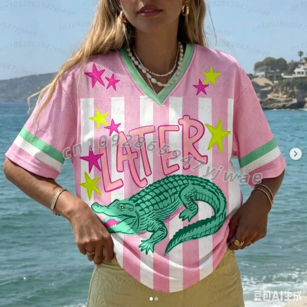 26 Women Sports Ladies' Fun Crocodile Print Short Sleeve v-Neck Women's Mens Tops Men Wome Plus-Size soccer fans T-Shirt