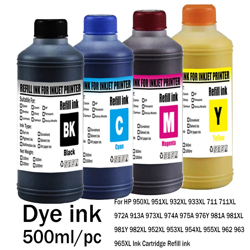 

for HP Dye Ink 500ml Refill kit For HP 950XL 951XL 932XL 711XL 972A 973XL 975 976Y 981XL 982XL 955XL 962 963 965XL Ink Cartridge