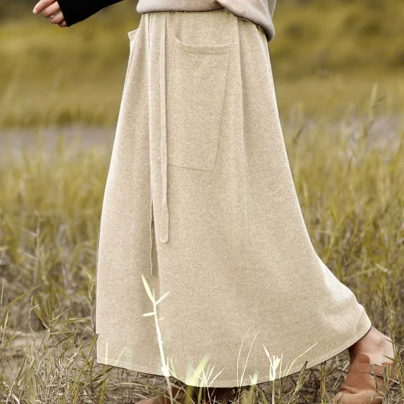 Autumn And Winter Wool Long Skirt Female High Waist Solid Color Buckle Joker Double Pocket Skirt Loose Slim Cashmere Knit Skirt