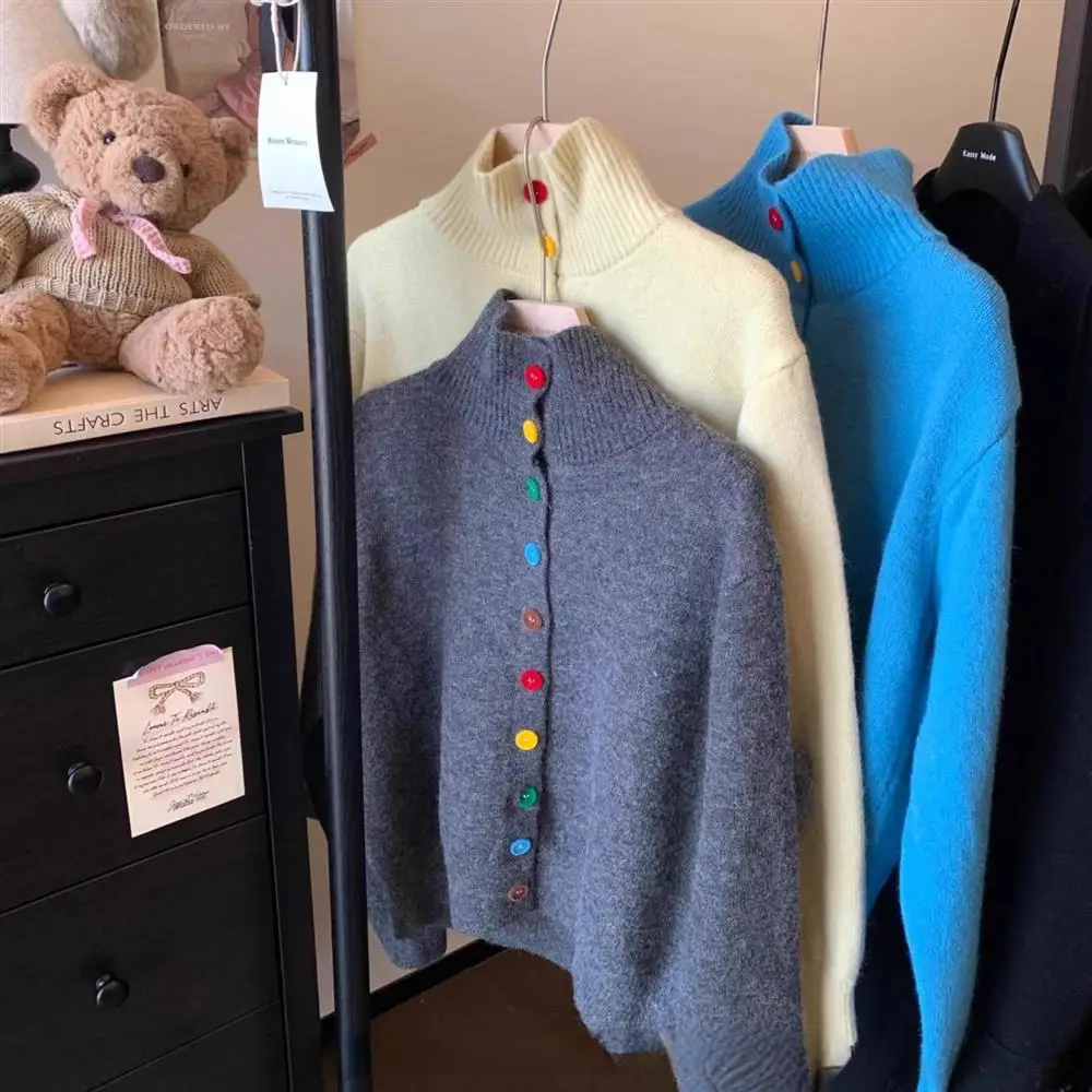 Korean Style Soft Cozy  Button High Collar Women's Knitted Sweater Coat Winter Unique Elegant Open Cardigan Top
